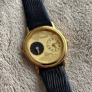 Classics Vintage Gold and Black Worldly Watch with Two Clock faces